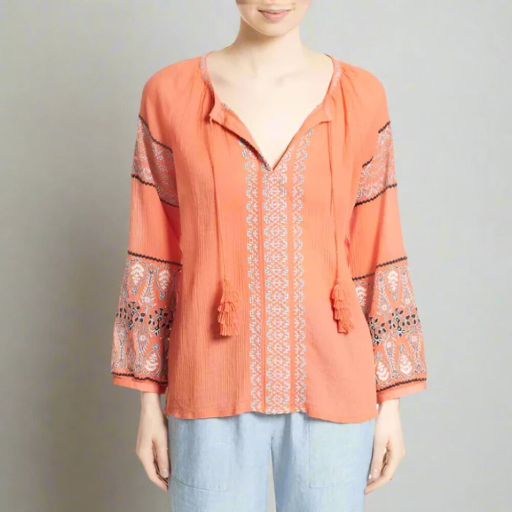 Joie Boho Peasant Top Coral V-Neck Cotton Gauze Small